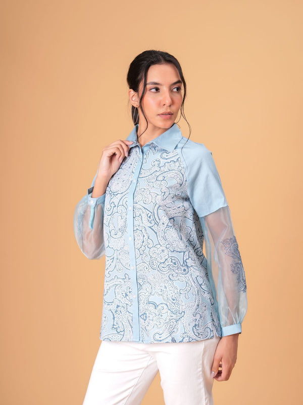 Sky Mist Paisley Printed Blue Cotton Shirt