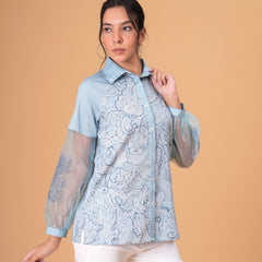 Sky Mist Paisley Printed Blue Cotton Shirt