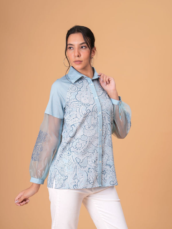 Sky Mist Paisley Printed Blue Cotton Shirt