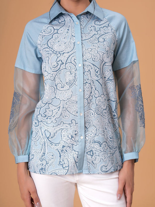 Sky Mist Paisley Printed Blue Cotton Shirt