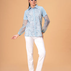 Sky Mist Paisley Printed Blue Cotton Shirt