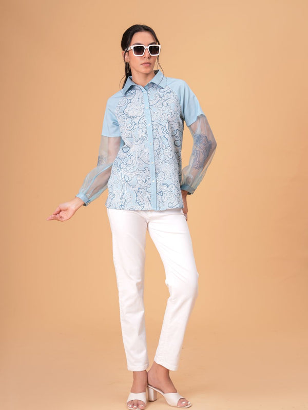 Sky Mist Paisley Printed Blue Cotton Shirt