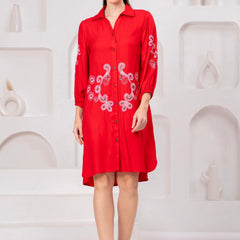 Scarlet Bloom Embroidered Rayon Twill Shirt Dress