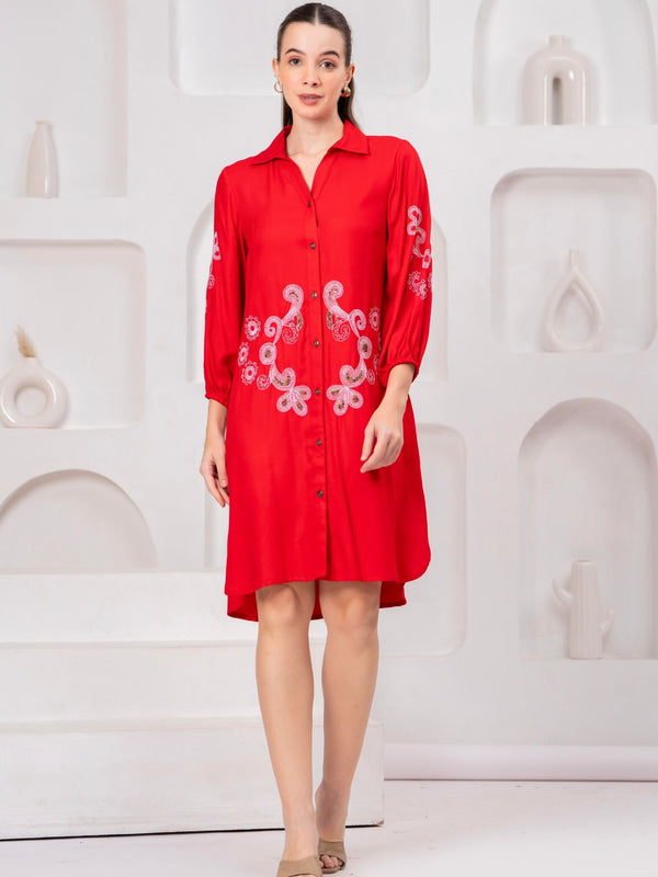 Scarlet Bloom Embroidered Rayon Twill Shirt Dress