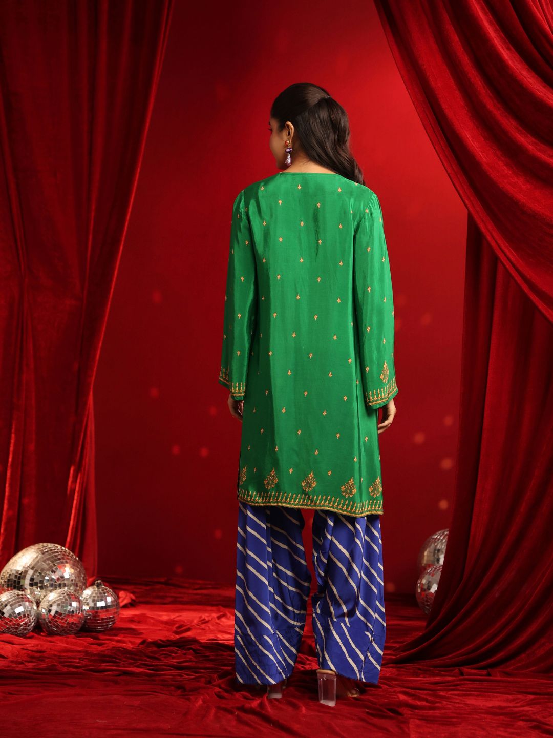 Green Blue Crepe Embroidered Kurta with Farshi Salwar Set
