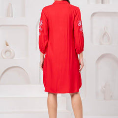 Scarlet Bloom Embroidered Rayon Twill Shirt Dress