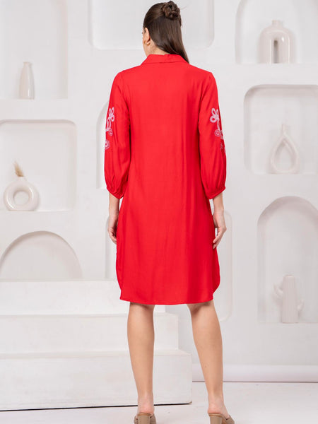 Scarlet Bloom Embroidered Rayon Twill Shirt Dress