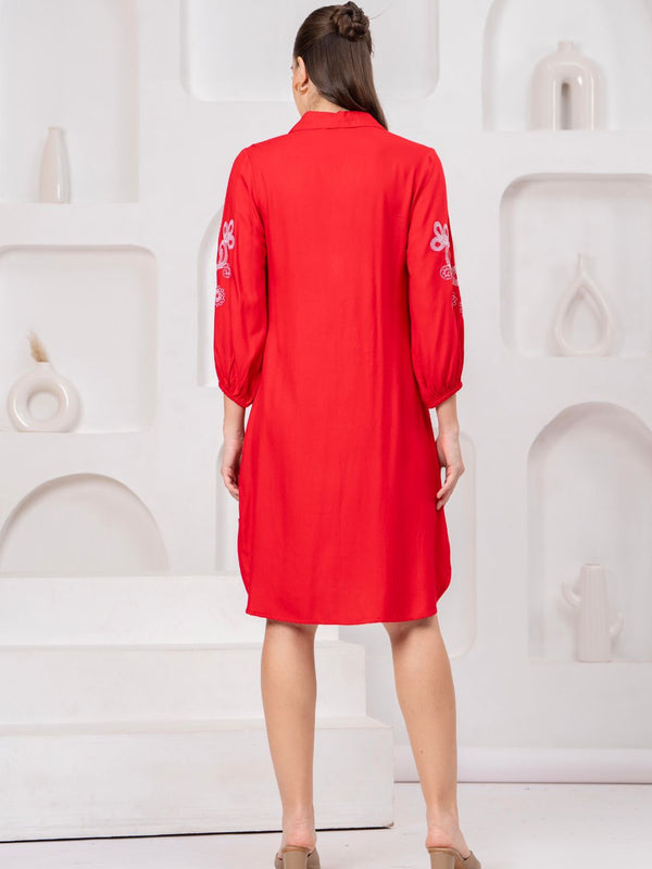 Scarlet Bloom Embroidered Rayon Twill Shirt Dress