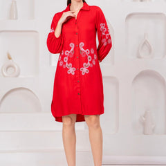 Scarlet Bloom Embroidered Rayon Twill Shirt Dress