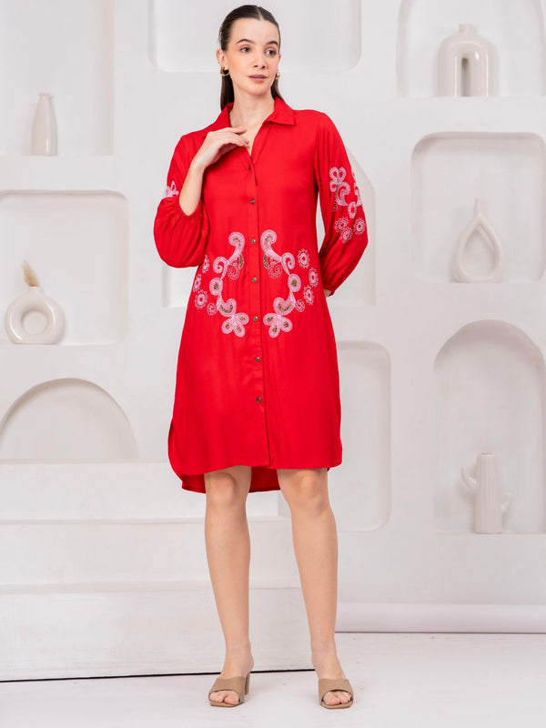 Scarlet Bloom Embroidered Rayon Twill Shirt Dress