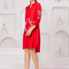 Scarlet Bloom Embroidered Rayon Twill Shirt Dress