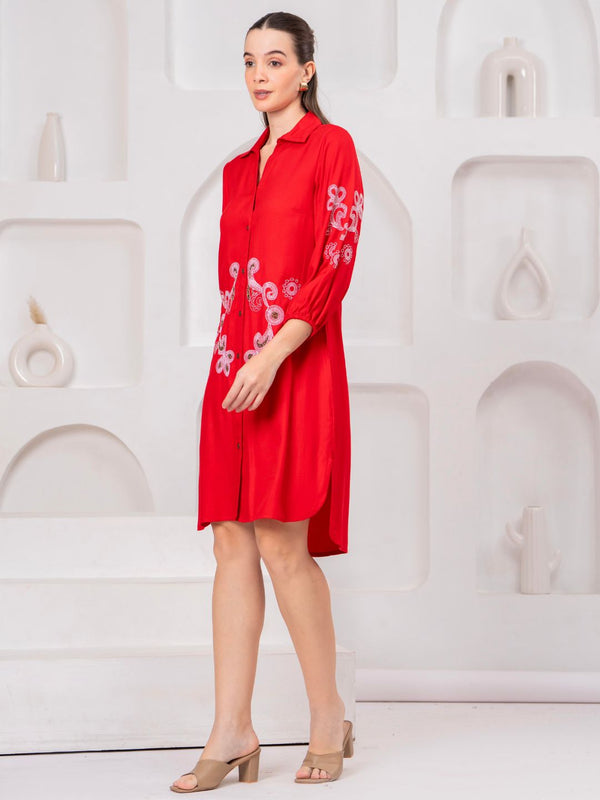 Scarlet Bloom Embroidered Rayon Twill Shirt Dress