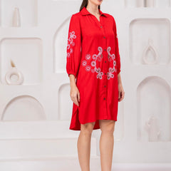 Scarlet Bloom Embroidered Rayon Twill Shirt Dress