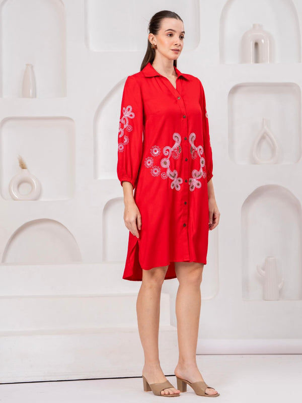 Scarlet Bloom Embroidered Rayon Twill Shirt Dress