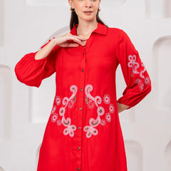 Scarlet Bloom Embroidered Rayon Twill Shirt Dress