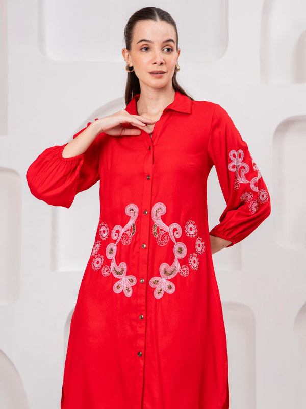Scarlet Bloom Embroidered Rayon Twill Shirt Dress