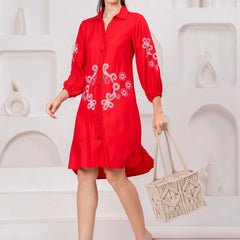 Scarlet Bloom Embroidered Rayon Twill Shirt Dress