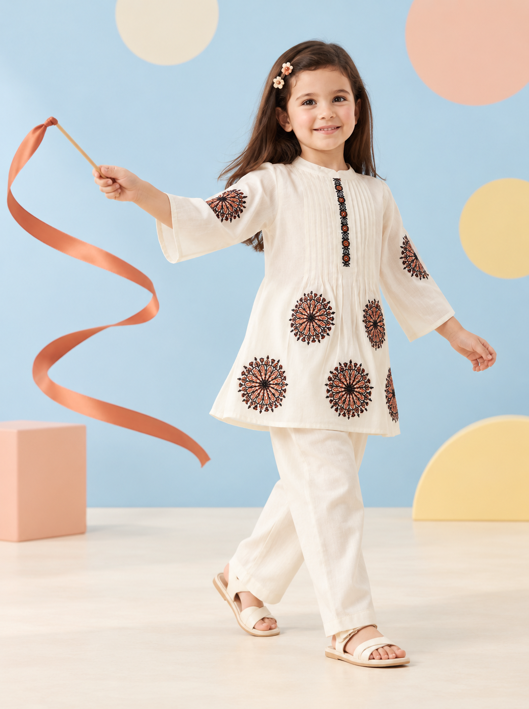 Girls’ Ivory White Embroidered Kurta Pant Set with Black and Rust Floral Designs