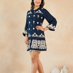 Navy Blue Embroidered Rayon Midi Dress