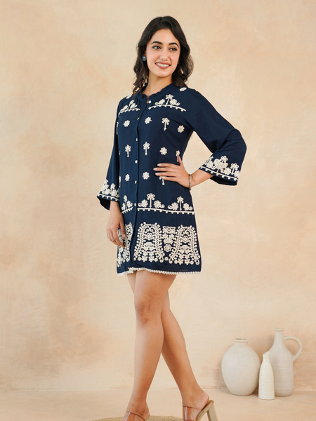 Navy Blue Embroidered Rayon Midi Dress