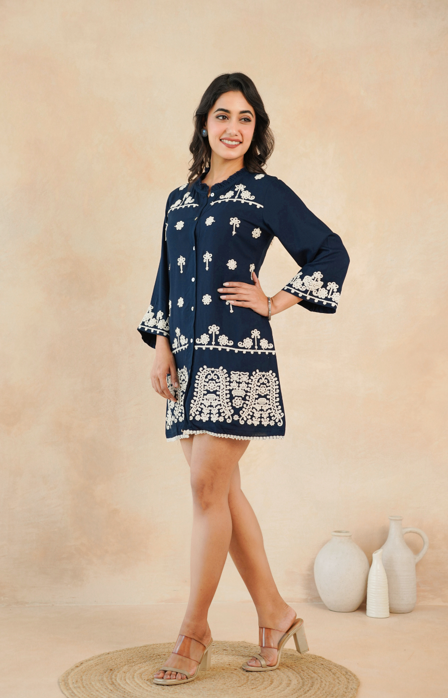 Navy Blue Embroidered Rayon Midi Dress