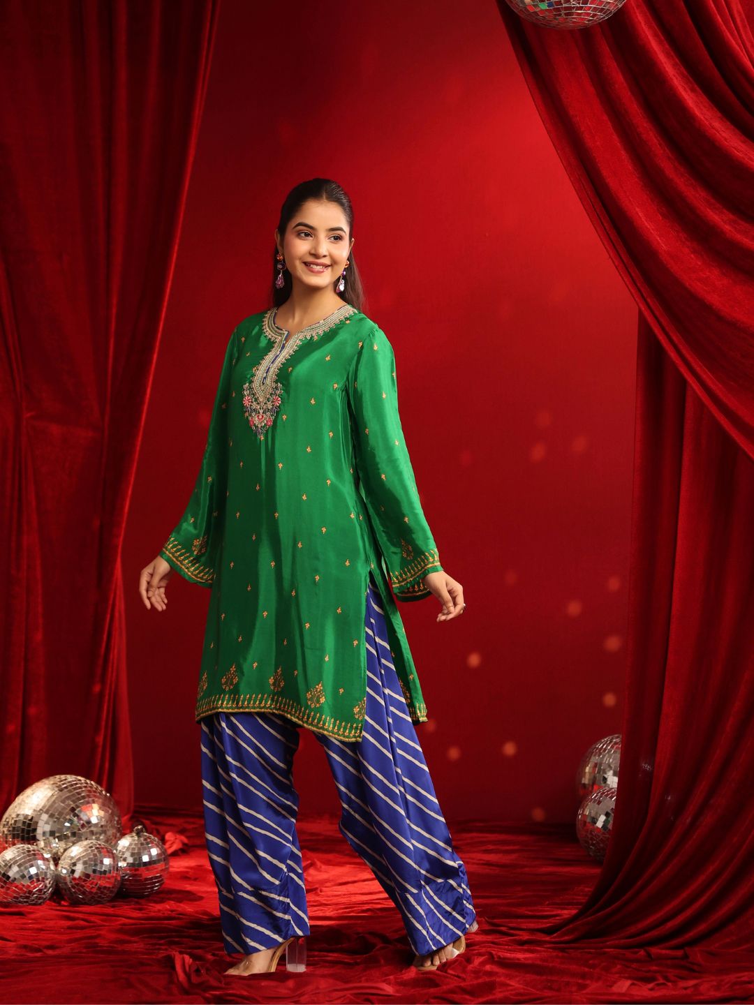 Green Blue Crepe Embroidered Kurta with Farshi Salwar Set