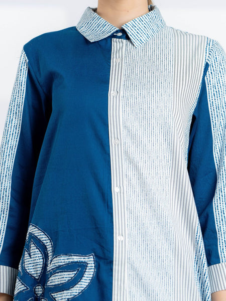 Blue Embroidered Cotton Shirt for Women