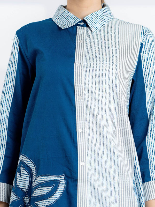 Blue Embroidered Cotton Shirt for Women