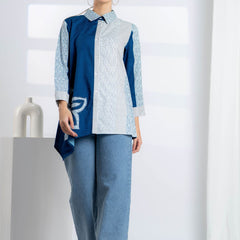 Blue Embroidered Cotton Shirt for Women