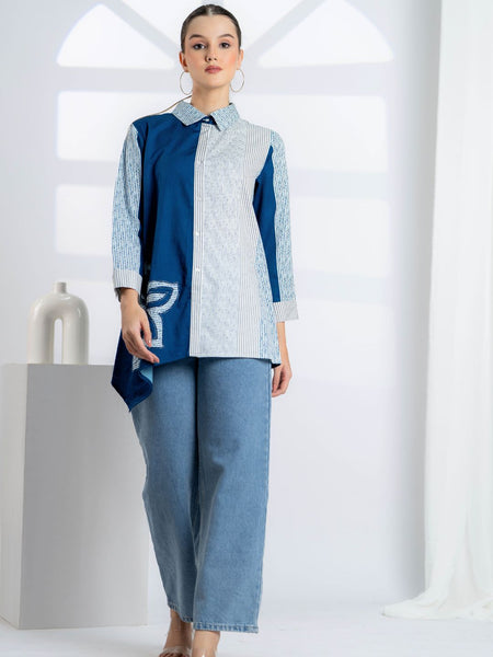 Blue Embroidered Cotton Shirt for Women