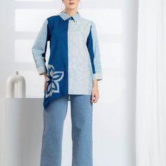 Blue Embroidered Cotton Shirt for Women