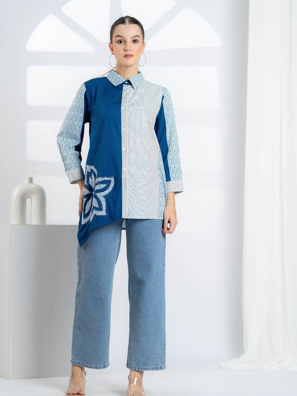 Blue Embroidered Cotton Shirt for Women