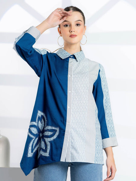 Blue Embroidered Cotton Shirt for Women