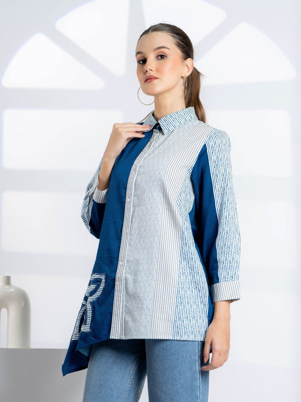 Blue Embroidered Cotton Shirt for Women