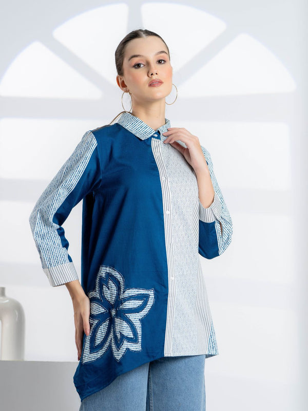 Blue Embroidered Cotton Shirt for Women