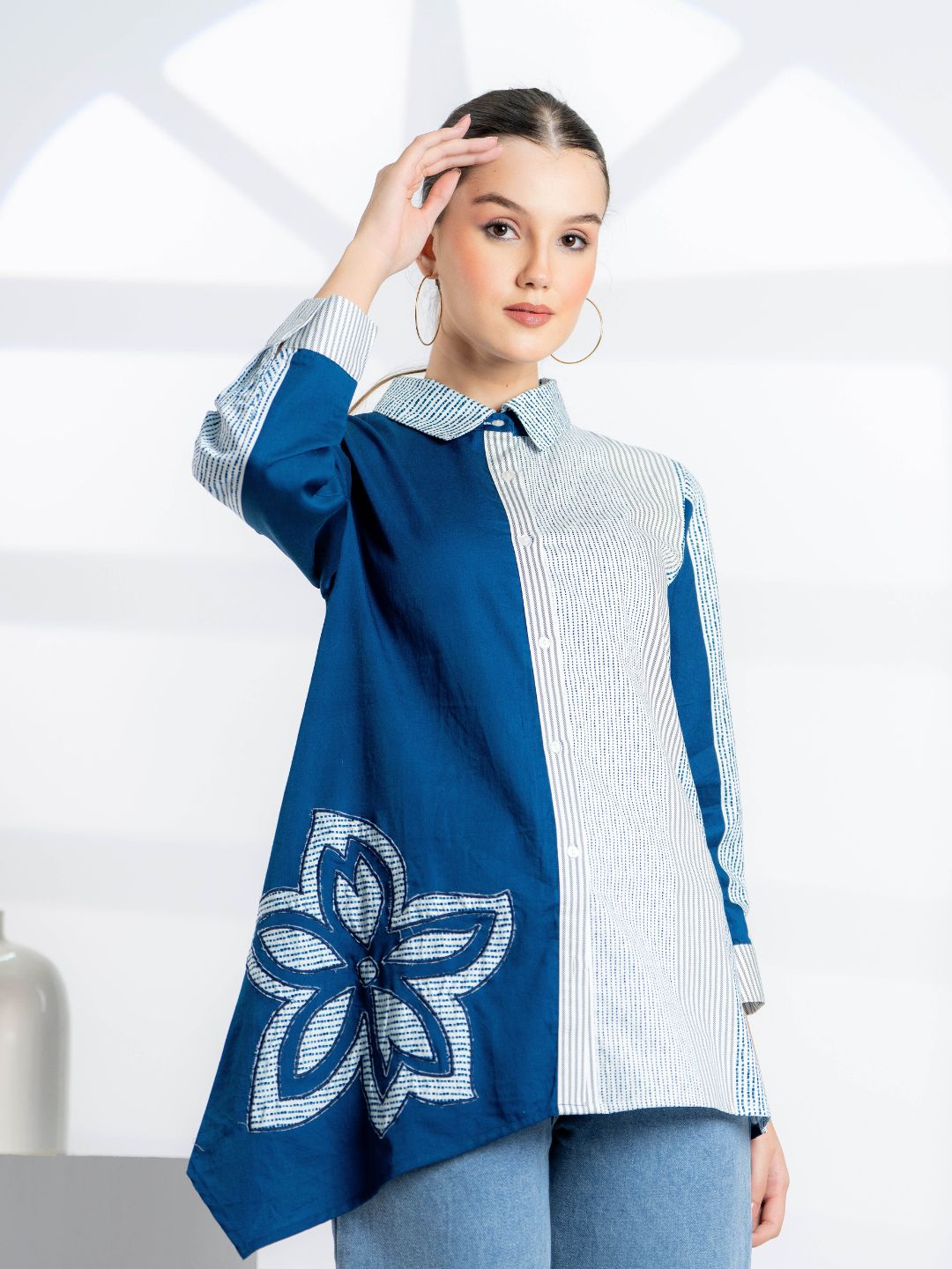 Blue Embroidered Cotton Shirt for Women