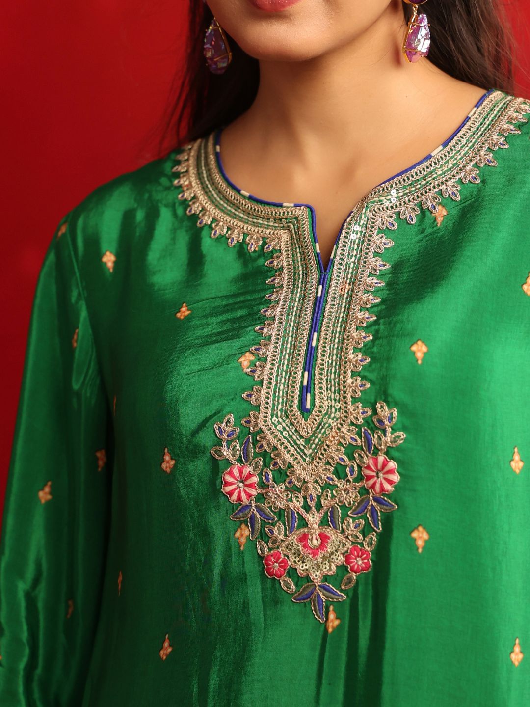 Green Blue Crepe Embroidered Kurta with Farshi Salwar Set