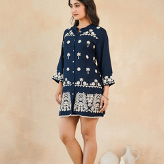 Navy Blue Embroidered Rayon Midi Dress