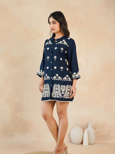Navy Blue Embroidered Rayon Midi Dress