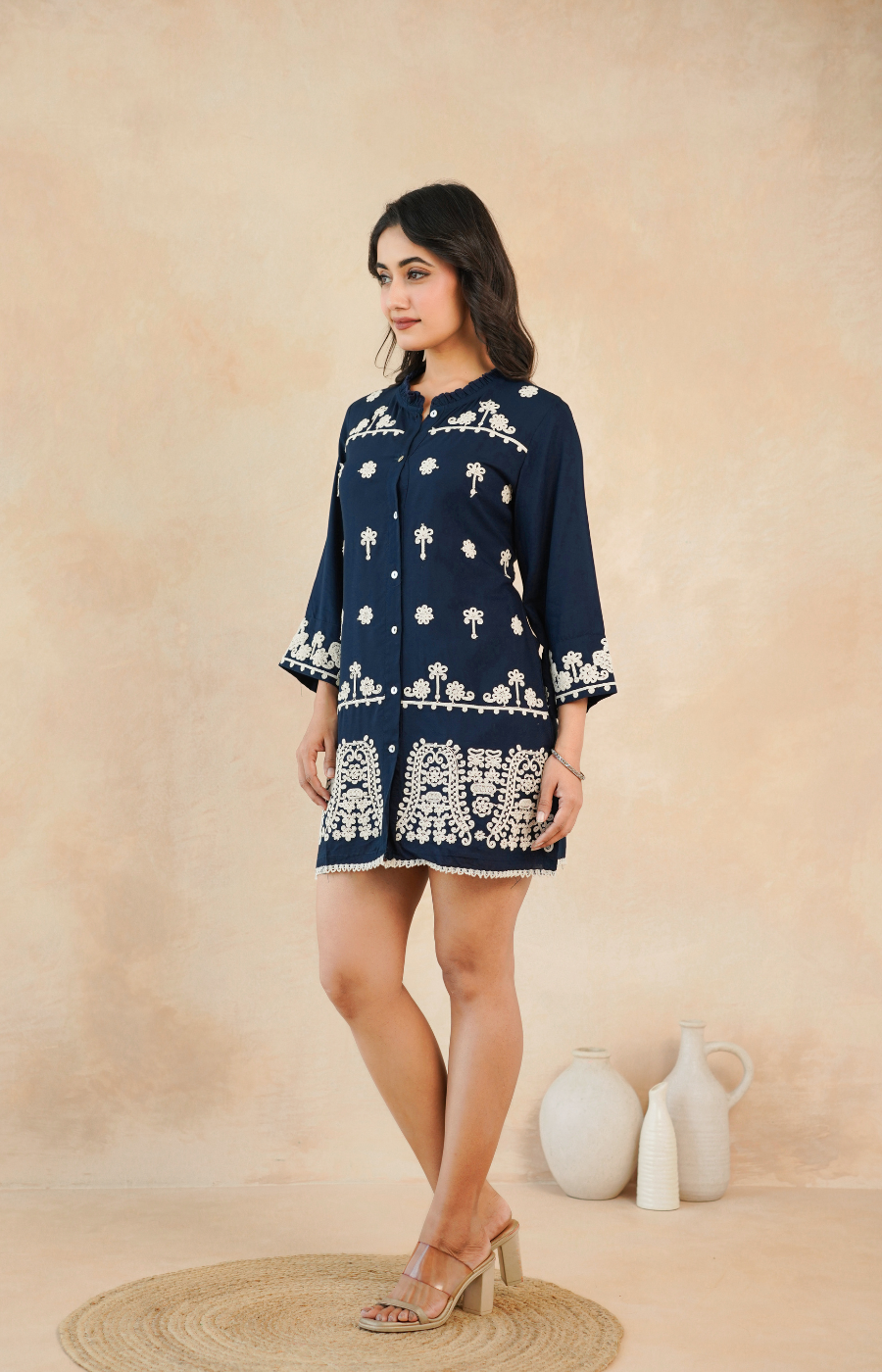 Navy Blue Embroidered Rayon Midi Dress