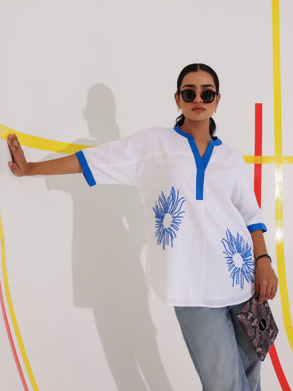 White Embroidered Cotton Shirt Top