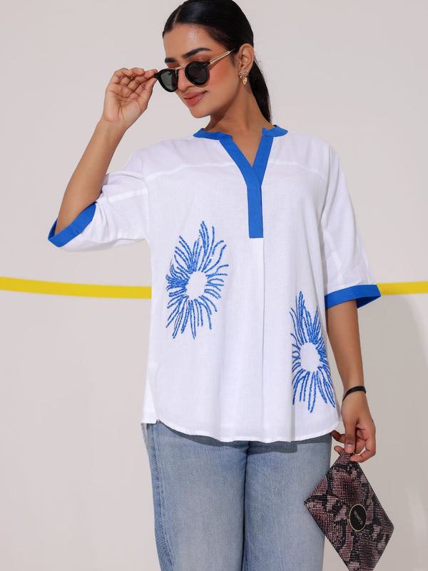 White Embroidered Cotton Shirt Top