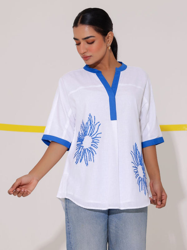White Embroidered Cotton Shirt Top