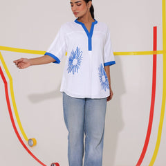 White Embroidered Cotton Shirt Top