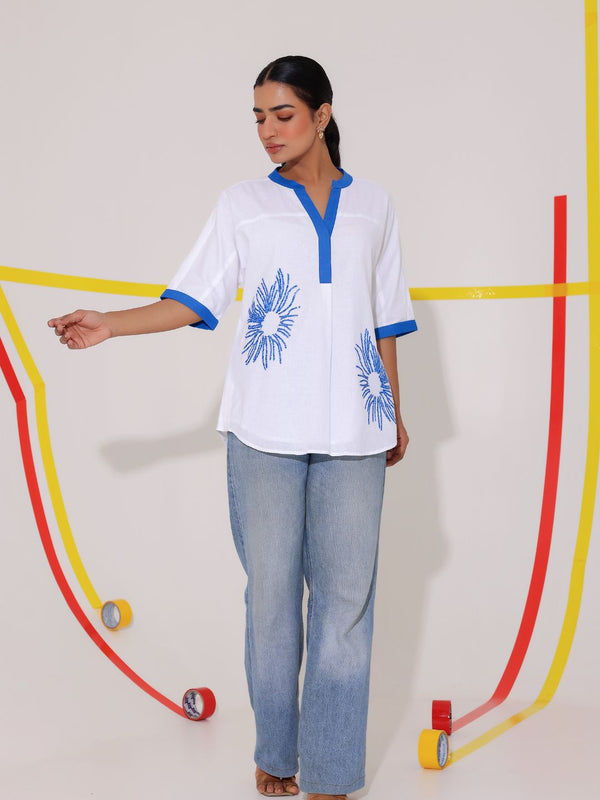White Embroidered Cotton Shirt Top