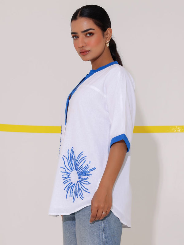 White Embroidered Cotton Shirt Top
