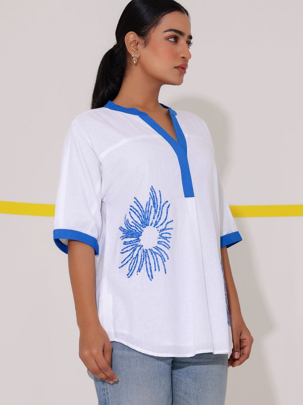 White Embroidered Cotton Shirt Top