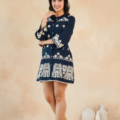 Navy Blue Embroidered Rayon Midi Dress