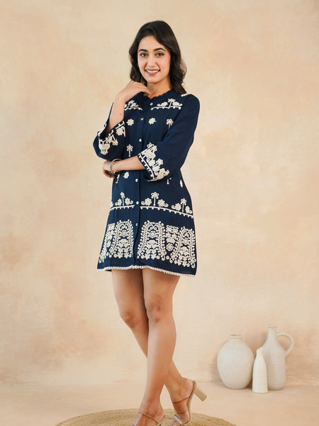 Navy Blue Embroidered Rayon Midi Dress