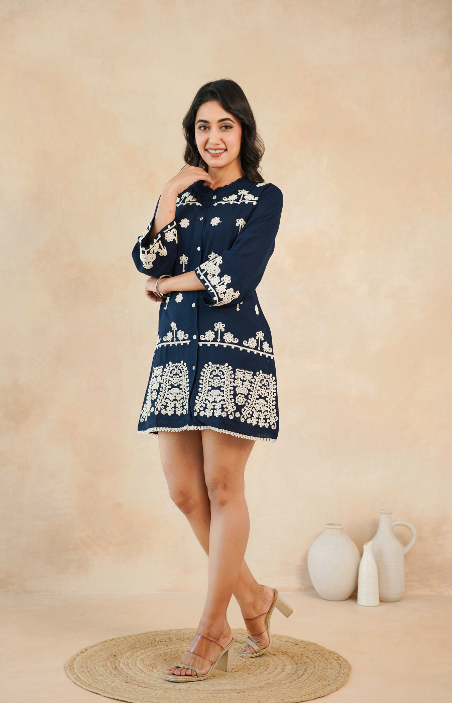 Navy Blue Embroidered Rayon Midi Dress